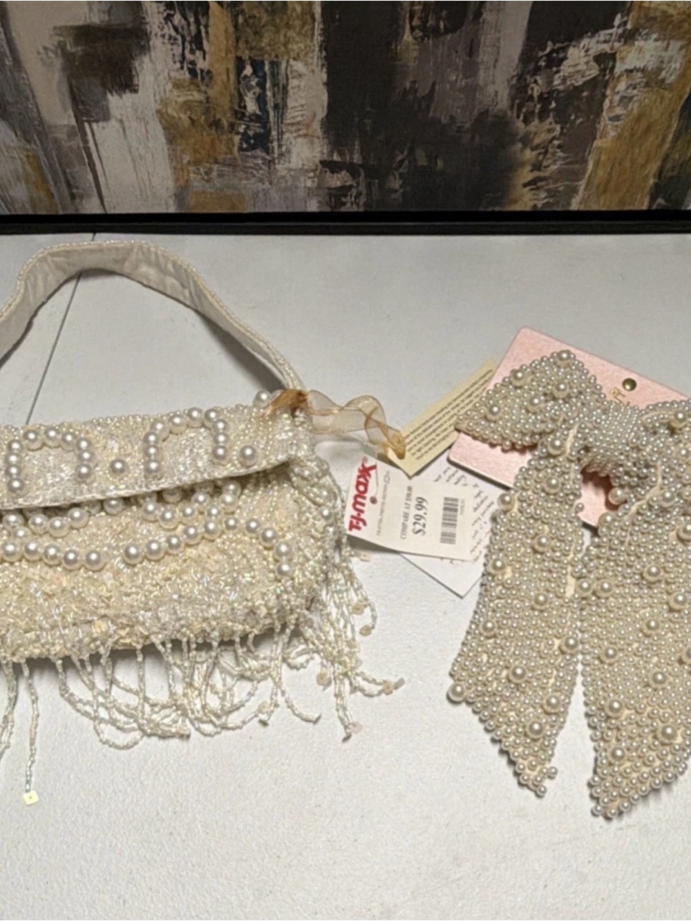 Pearl-Embellished Cream Shoulder Bag and Bow Set